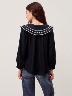 Monsoon Lola Tie Collar Top, Navy - view 2, Navy