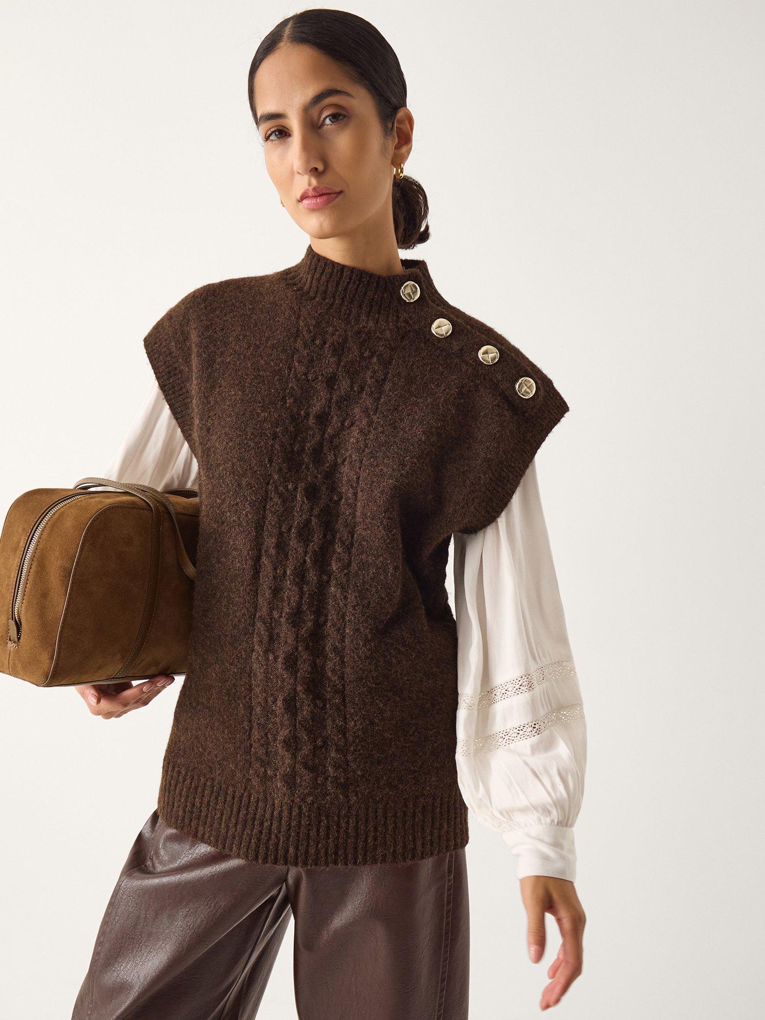Product image 1 of 5, which shows Monsoon Coli Cable Knit Vest Top, Chocolate, S