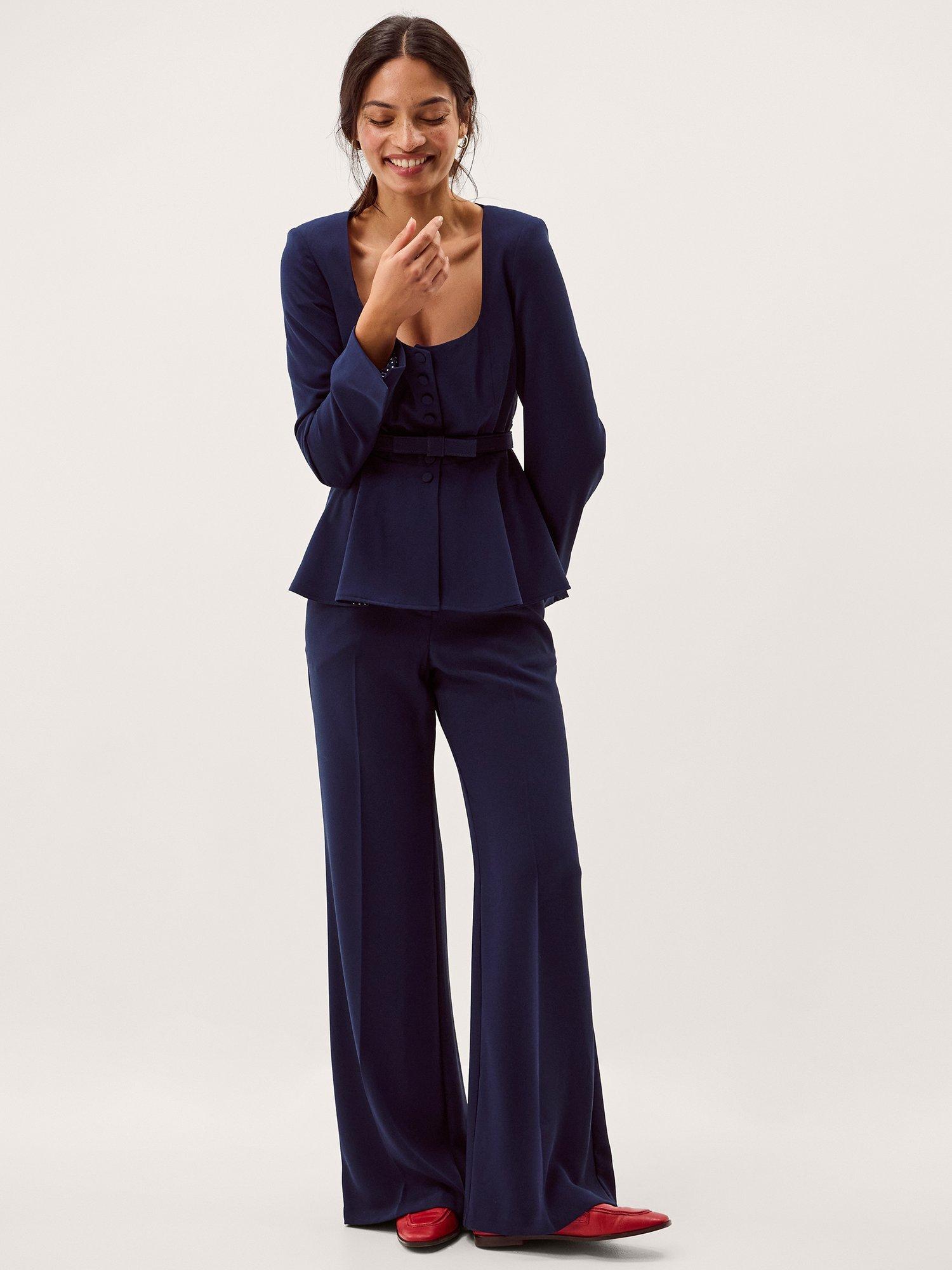 Product image 1 of 5, which shows Monsoon Erin Tailored Trousers, Navy, 8