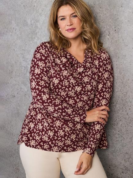 Live Unlimited Curve Cowl Neck Long Sleeve Top, Red, Red