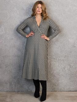 Live Unlimited Curve Geo Print Collar Wrap Jersey Dress, Black/White, Black/White