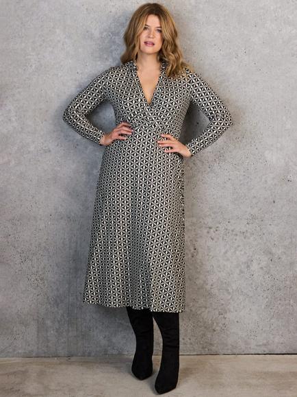 Live Unlimited Curve Geo Print Collar Wrap Jersey Dress, Black/White, Black/White