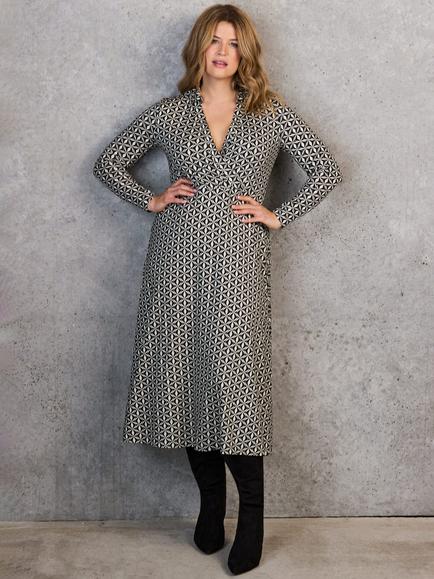 Live Unlimited Curve Geo Print Collar Wrap Jersey Dress, Black/White, Black/White
