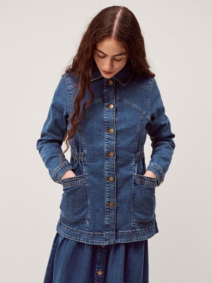 Monsoon Mabel Longline Denim Jacket, Mid Authentic Blue