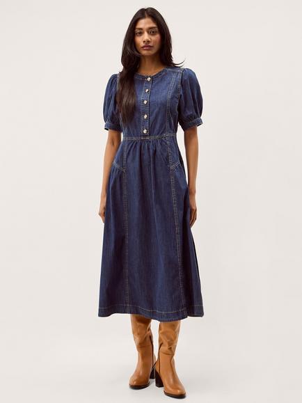 Monsoon Eliza Denim Midi Dress, Mid Authentic Blue, Mid Authentic Blue