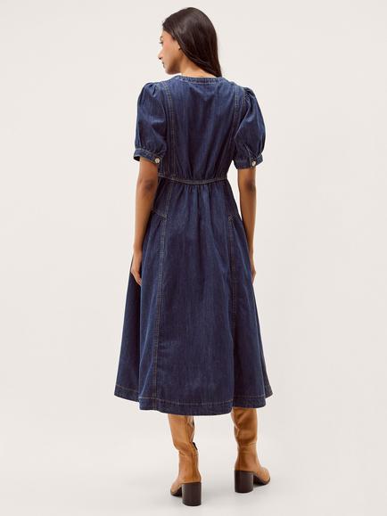 Monsoon Eliza Denim Midi Dress, Mid Authentic Blue - view 2, Mid Authentic Blue
