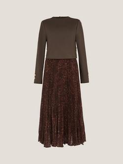Monsoon Archi Pleated Midi Dress, Chocolate, Chocolate