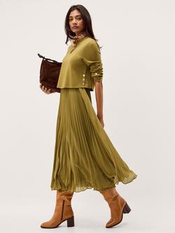 Monsoon Penny Pleated Skirt Jumper Dress, Olive - view 2, Olive