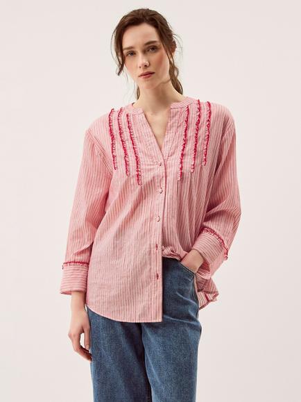 Monsoon Ceres Frill Stripe Shirt, Red, Red