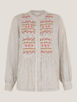 Monsoon Hettie Cotton Linen Blend Embroidered Pattern Stripe Blouse, Multi, Multi