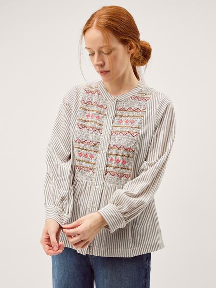 Monsoon Hettie Cotton Linen Blend Embroidered Pattern Stripe Blouse, Multi, Multi
