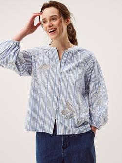 Monsoon Maia Embroidered Stripe Blouse, Blue, Blue
