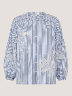 Monsoon Maia Embroidered Stripe Blouse, Blue - view 2, Blue