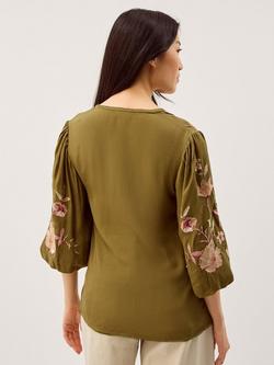 Monsoon Amelie Embroidered Top, Olive - view 2, Olive