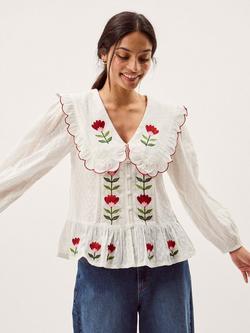 Monsoon Talia Embroidered Tulip Top, White/Multi, White/Multi