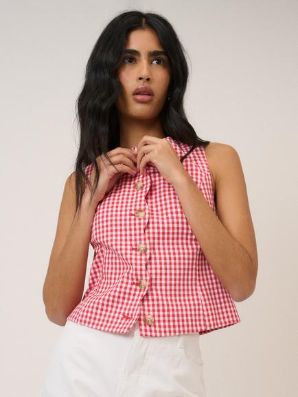 Nobody's Child Gingham Scallop Waistcoat, Red/White, Red