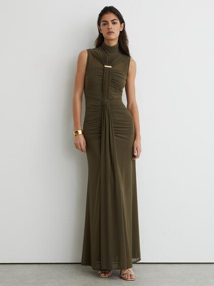 Reiss Petite Colette Ruched Sleeveless Maxi Dress, Khaki, Khaki