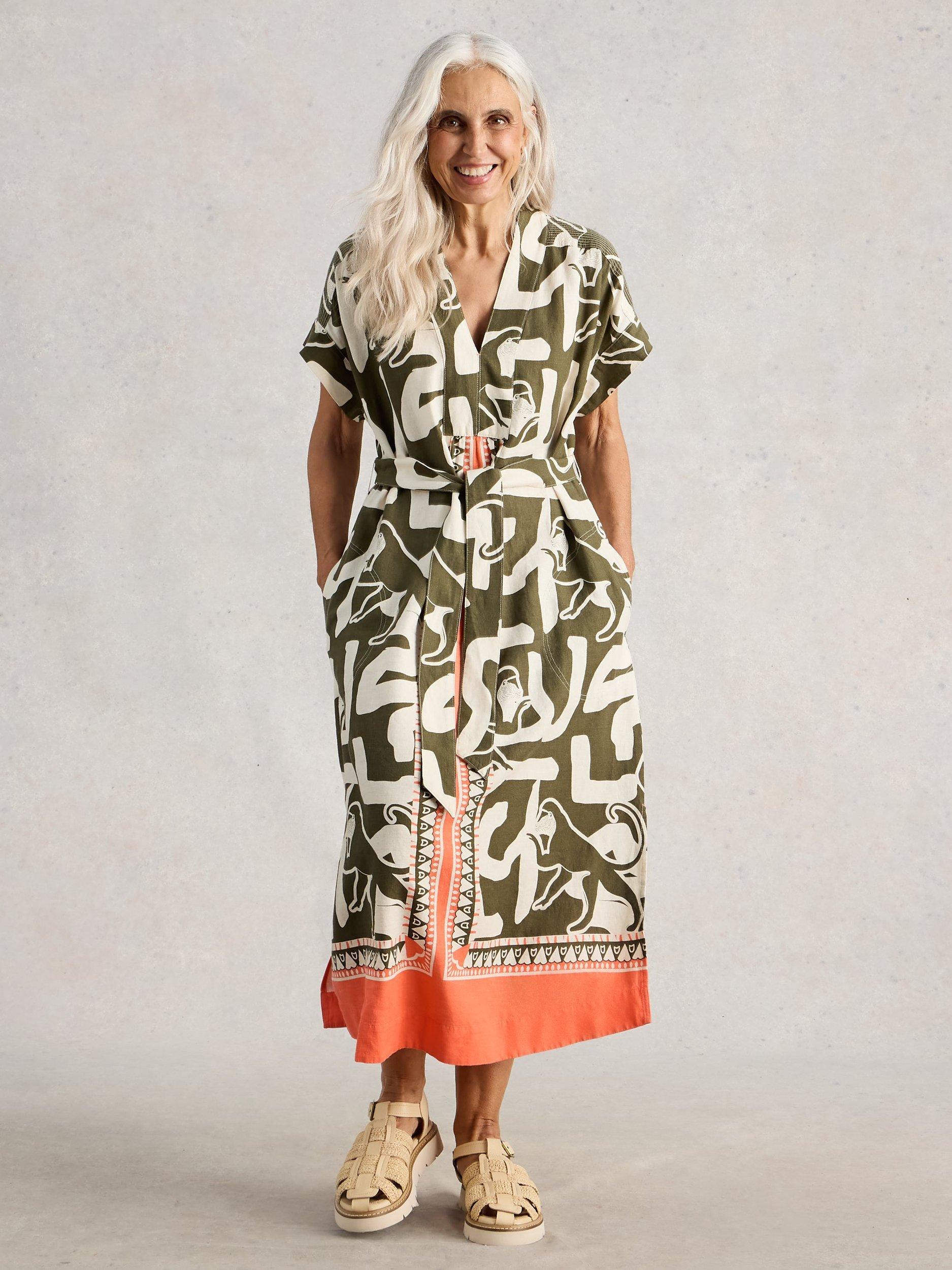 Product image 1 of 6, which shows White Stuff Marianne Abstract Linen Blend Dress containing LENZING™ ECOVERO™ Viscose, Multi, 6