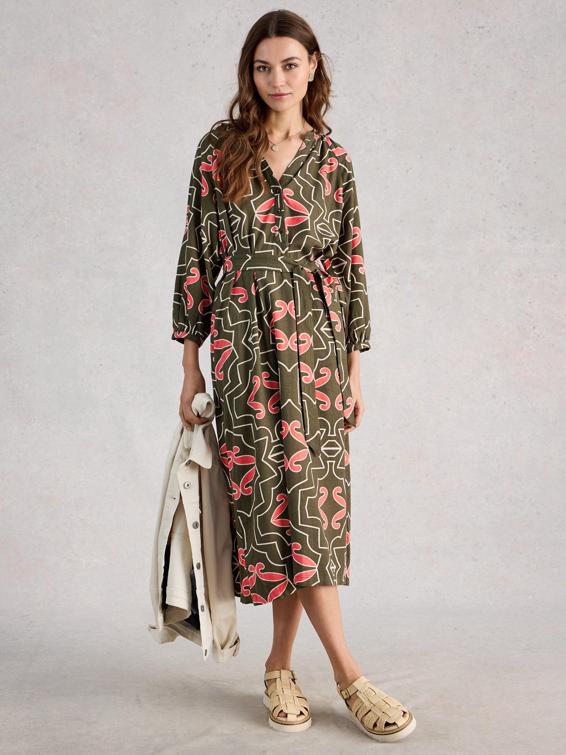 Product image 1 of 6, which shows White Stuff Tobi Abstract Linen Blend Midi Dress, Green, 6