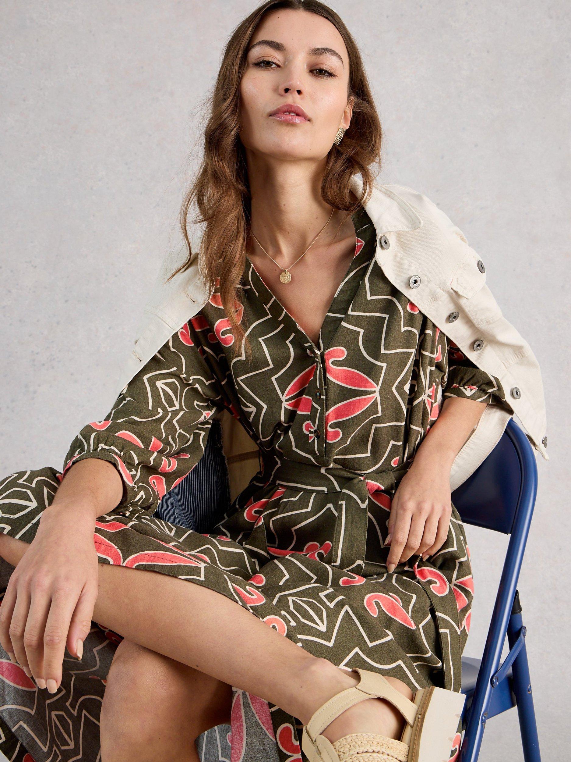 Product image 4 of 6, which shows White Stuff Tobi Abstract Linen Blend Midi Dress, Green, 6