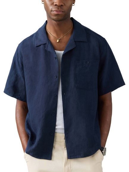 Percival Cotton Regular Fit Cuban Collar Shirt, Navy, Navy