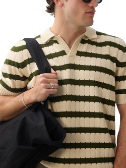 Percival Stine Cotton Regular Fit Stripe Knit Polo Shirt, Ecru - view 2, Ecru