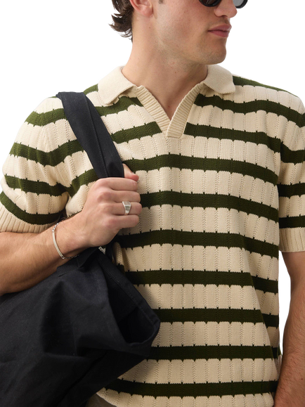 Percival Stine Cotton Regular Fit Stripe Knit Polo Shirt, Ecru - view 2, Ecru