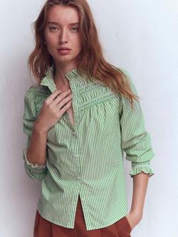 Boden Esme Stripe Smocked Shirt, Green/Ivory, Green/Ivory
