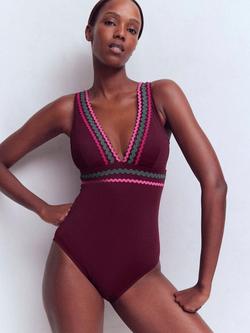 Boden Porto Ric Rac Trim V-Neck Swimsuit, Chocberry, Chocberry