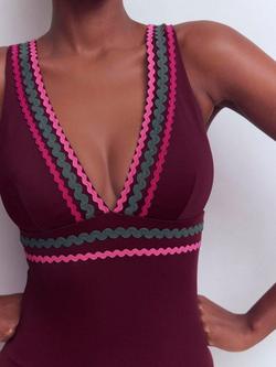 Boden Porto Ric Rac Trim V-Neck Swimsuit, Chocberry - view 2, Chocberry