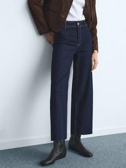 Mango Catherin High Rise Frayed Hem Jeans, Dark Blue, Dark Blue