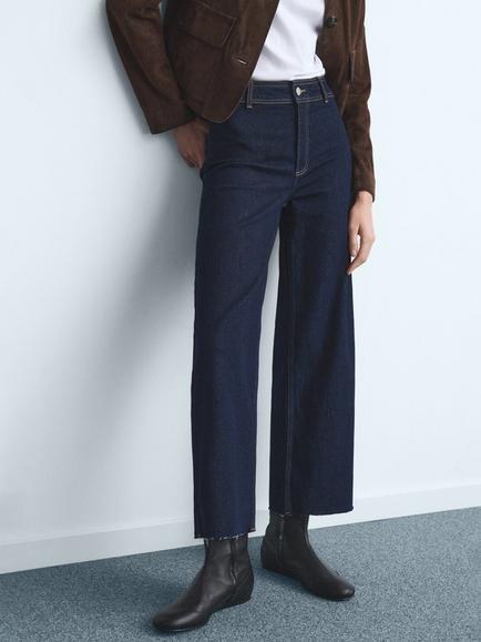 Mango Catherin High Rise Frayed Hem Jeans, Dark Blue, Dark Blue