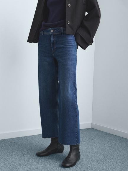 Mango Catherin High Rise Frayed Hem Jeans, Navy, Navy
