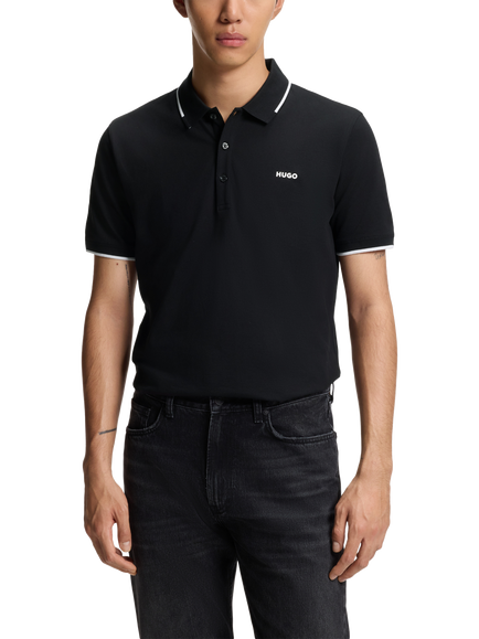 HUGO Knitted Short Sleeve Polo Short, Black, Black