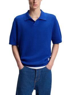 HUGO Short Sleeve Waffle Cotton Blend Knit Polo Jumper, Open Blue, Open Blue
