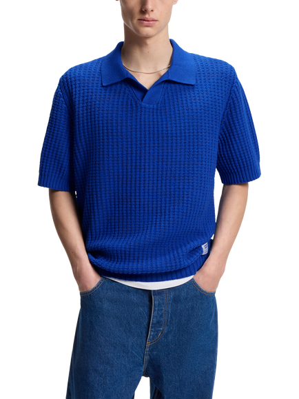 HUGO Short Sleeve Waffle Cotton Blend Knit Polo Jumper, Open Blue, Open Blue