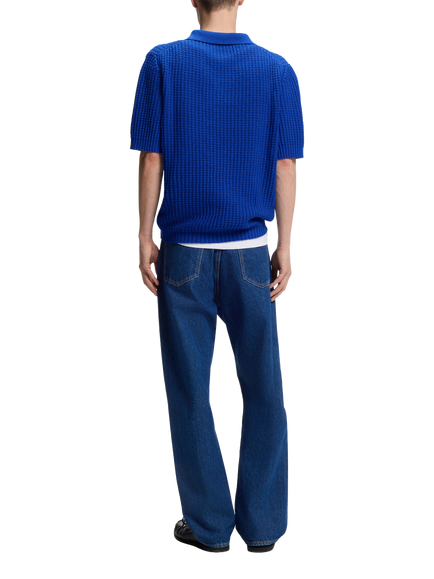 HUGO Short Sleeve Waffle Cotton Blend Knit Polo Jumper, Open Blue - view 2, Open Blue