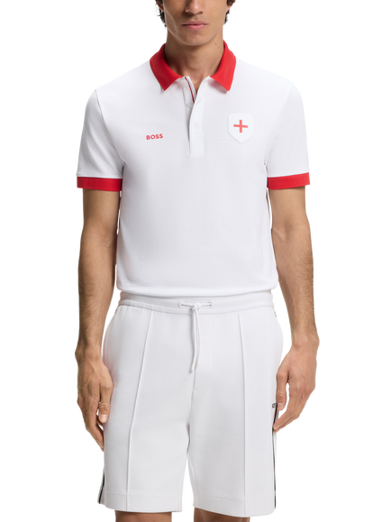 HUGO BOSS Short Sleeve Cotton Polo Football Shirt, White/Red
