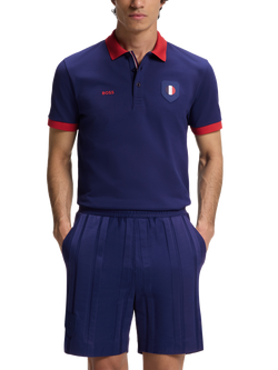 HUGO BOSS Short Sleeve Cotton Polo Football Shirt, Navy/Red