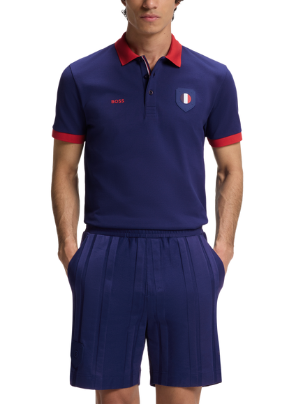 HUGO BOSS Short Sleeve Cotton Polo Football Shirt, Navy/Red