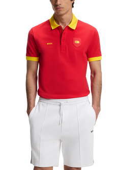 HUGO BOSS Short Sleeve Cotton Polo Football Shirt, Red/Yellow