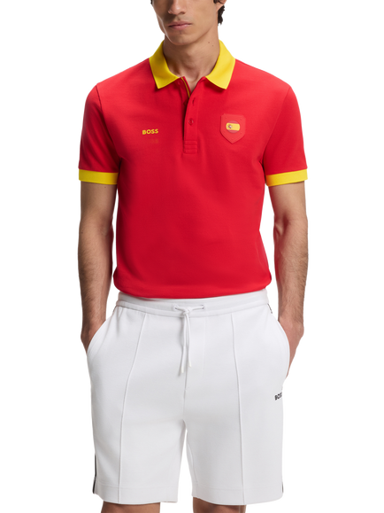 HUGO BOSS Short Sleeve Cotton Polo Football Shirt, Red/Yellow