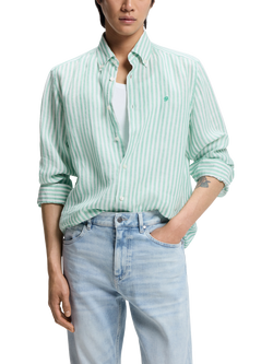 BOSS Linen Regular Fit Stripe Shirt, Green, Green