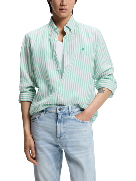 BOSS Linen Regular Fit Stripe Shirt, Green, Green