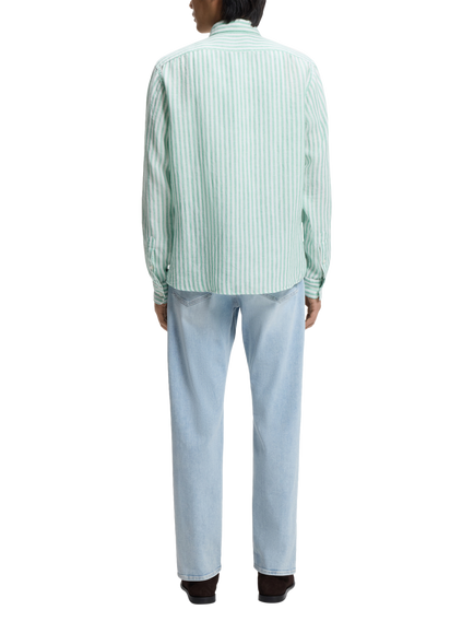 BOSS Linen Regular Fit Stripe Shirt, Green - view 2, Green