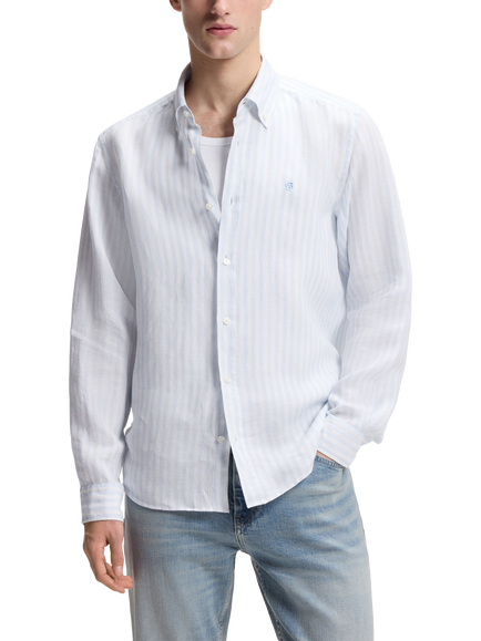 BOSS Linen Regular Fit Stripe Shirt, Pale Blue/White, Pale Blue/White
