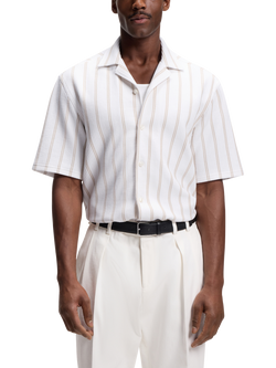 BOSS Short Sleeve Loose Fit Striped Cotton Blend Shirt, Open Beige, Open Beige