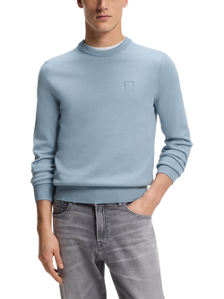 BOSS Crew Neck Cotton Blend Fine Knit Jumper, Pastel Blue, Pastel Blue