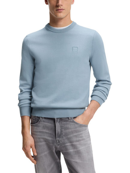 BOSS Crew Neck Cotton Blend Fine Knit Jumper, Pastel Blue, Pastel Blue