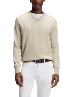 BOSS V-Neck Cotton Knit Jumper, Open Beige, Open Beige
